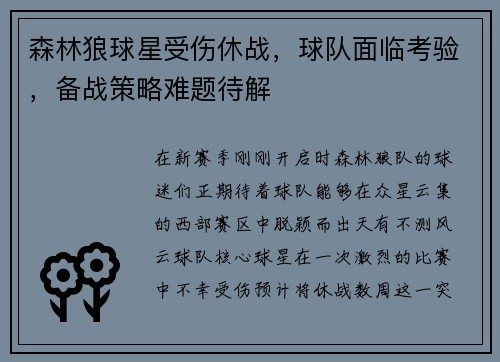 森林狼球星受伤休战，球队面临考验，备战策略难题待解